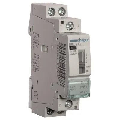 Hager Installationsrelais ERL216 | 2-polig | 16A | 8/12V AC | Handschaltung | Kontaktanzeige | Anbaubarer Hilfsschalter