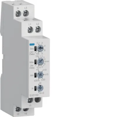 HAGER Kontrollrelais EUD100 Phasenwächter 230–400V AC | Schraubanschluss | einstellbar | 1 Wechsler | 17,5mm