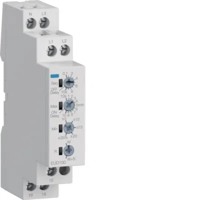 HAGER Kontrollrelais EUD100 Phasenwächter 230–400V AC | Schraubanschluss | einstellbar | 1 Wechsler | 17,5mm