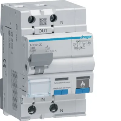 Hager Brandschutzschalter AFDD ARF510D | Fehlerlichtbogen-Schutz 1P+N | FI-LS B10A 10kA 30mA Typ A | 230V | 3TE | IP2X
