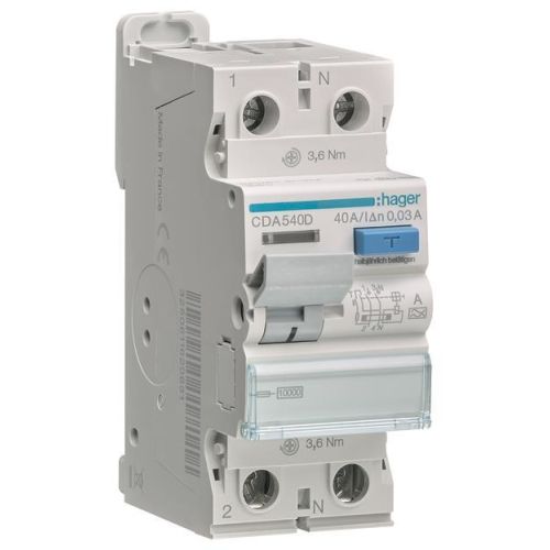 Bild: Hager Fehlerstromschutzschalter 2p 10kA 40A 30mA A CDA540D
