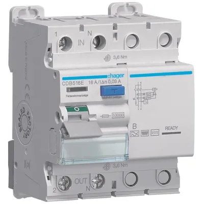 HAGER FI-Schutzschalter CDB516E | Fehlerstromschutzschalter 2-polig 16A 30mA Typ B | 10kA | allstromsensitiv | 230V