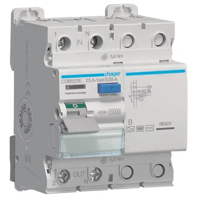 Hager FI-Schutzschalter CDB525E | 2-polig | 10kA | 25A | 30mA Typ B | 230V | Fehlerstromschutzschalter | REG | VDE