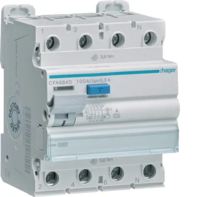 Hager Fehlerstromschutzschalter CFA684D | FI-Schalter 4-polig Typ A | 10kA 100A 300mA | 400V | DIN-Schiene | IP20 | Grau