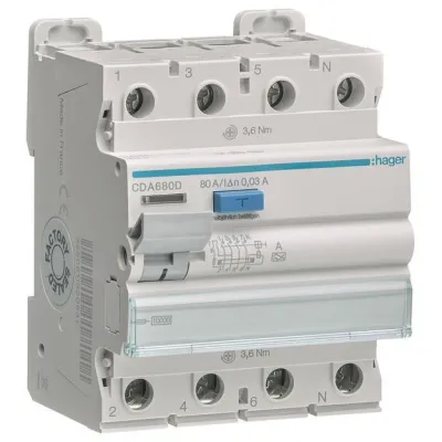 Hager FI-Schutzschalter CDA680D | Fehlerstromschutzschalter 4-polig | 80A | 30mA Typ A | 10kA | 400V | DIN-Schiene