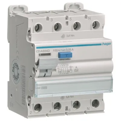 HAGER FI-Schutzschalter CDA684D | 4-polig Typ A | 100A 30mA 10kA | 400V AC | DIN-Schiene | IP20