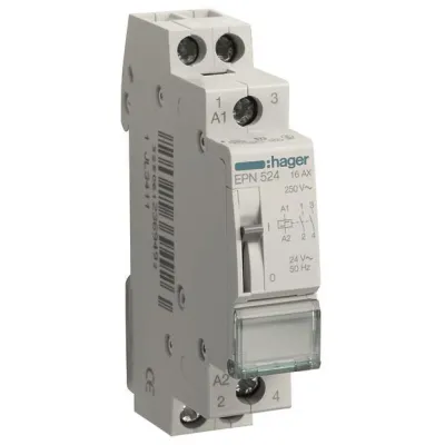 Hager Stromstoßschalter EPN524 | 2 Schließer | 24V AC / 12V DC | 16A | 1TE | DIN-Schiene | mechanisch | Handbedienung