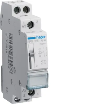 HAGER Stromstoßschalter EPN526 | 2 Schließer | 48V AC | 16A | 1TE | DIN-Schiene | mechanisch | Handbedienung | 63mm