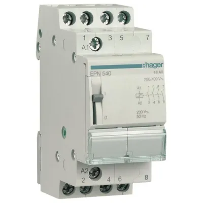 Hager Fernschalter EPN540 | 4 Schließer | 16A | 230V AC/110V DC | DIN-Schiene | Impulssteuerung | Handbedienung