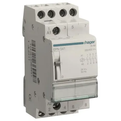 HAGER Fernschalter EPN541 | Stromstoßschalter 4 Schließer | 24V AC / 12V DC | 16A | DIN-Schiene | Handbedienung | REG