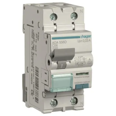 Hager FI/LS-Schutzschalter ADA556D | 1P+N | 10kA | C-6A | 30mA Typ A | Fehlerstromschutz | Leitungsschutz 230V | 2TE