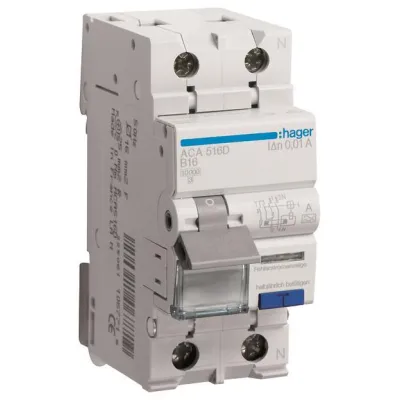 Hager FI/LS-Schalter ACA516D | Fehlerstrom-Leitungsschutzschalter 1P+N | 10kA | B16A | 10mA Typ A | 2-polig | 240V
