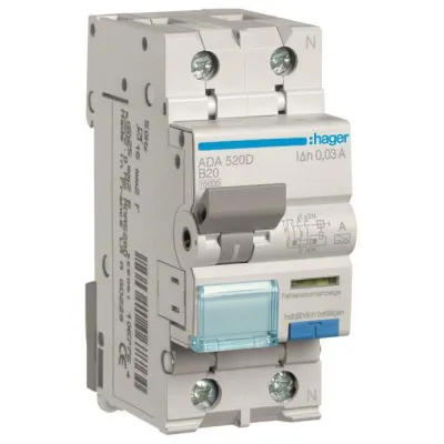 Hager FI/LS-Schalter ADA520D | Fehlerstrom-Leitungsschutzschalter 1P+N | B-20A | 30mA Typ A | 10kA | 240V | IP20 | 2TE