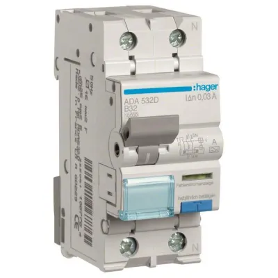 Hager FI/LS-Schalter ADA532D | Fehlerstrom-Schutzschalter 1P+N Typ A | 32A | B-Charakteristik | 10kA | 30mA | 2TE | IP20