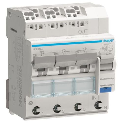 Bild: Hager FI/LS-Schalter 3x 1P+N, 6 kA ADZ316D