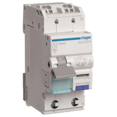 Hager FI/LS-Schutzschalter ACS966D | 1P+N | 16A | 10mA | Typ A | C-Charakteristik | 6kA | QuickConnect | 240V | 2TE