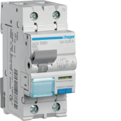 Hager FI/LS-Schalter ADA506D | Fehlerstrom-Leitungsschutzschalter 1P+N | 10kA | B-6A | 30mA | Typ A | 2TE | IP20