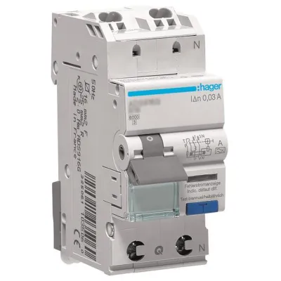 HAGER FI/LS-Schalter ADS967D | Fehlerstrom-Leitungsschutzschalter 1P+N | 127V | 6kA | C16 | 30mA Typ A | QuickConnect