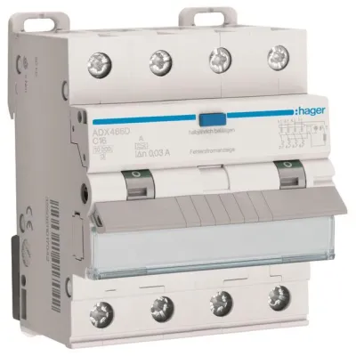 Hager FI/LS-Schalter ADX466D | Fehlerstrom-Leitungsschutzschalter 4-polig 10kA C16A 30mA Typ A | 400V | kompakt