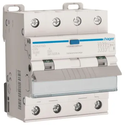 Hager FI/LS-Schalter ADX475D | 4-polig | 25A C | 30mA Typ A | 10kA | 400V | FI-LS Schutzschalter | Modulargerät
