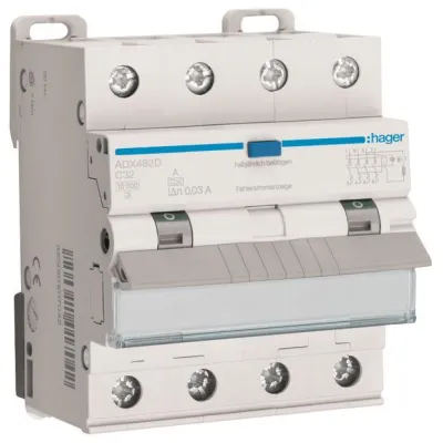 Hager FI/LS-Schalter ADX482D Fehlerstrom-Leitungsschutzschalter 4-polig 10kA C-32A 30mA Typ A | 400V | blaue Test-Taste