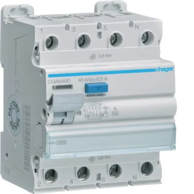 Hager Fehlerstromschutzschalter CGA640D | FI-Schalter 4-polig Typ A | 40A | 500mA | 10kA | 400V | DIN | IP20 | grau