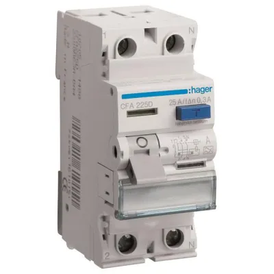 Hager FI-Schutzschalter CFA225D | 2-polig | 25A | 300mA | Typ A | 6kA | Fehlerstromschutzschalter | DIN-Schiene | IP20