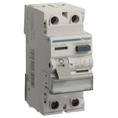 Hager FI-Schutzschalter CGA225D | Typ A | 2-polig | 25A | 500mA | 230V | 6kA | 2TE | DIN-Schiene | IP20 | REG
