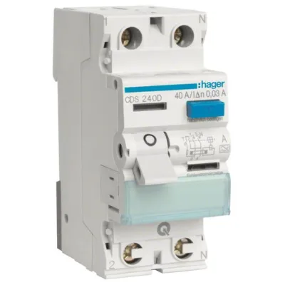 Hager FI-Schutzschalter CDS240D | 2-polig | 40A | 30mA Typ A | QuickConnect | 6kA | für Hutschiene | 230V