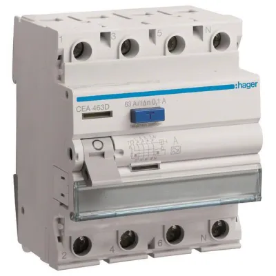 Hager FI-Schutzschalter CEA463D | Fehlerstromschutzschalter 4-polig 63A 100mA Typ A | 400V | 6kA | DIN-Schiene