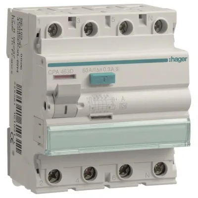 Hager FI-Schutzschalter CPA463D | 4-polig 63A 300mA Typ S selektiv | 6kA | Bi-Connect-Klemme | blaue Test-Taste