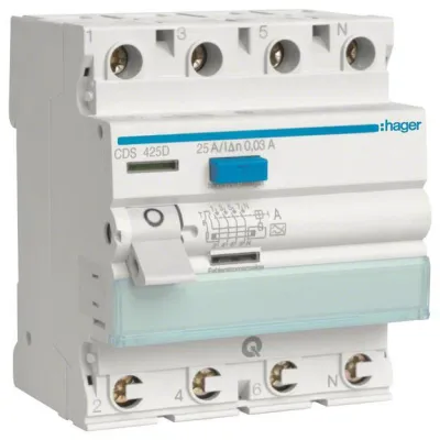 Hager FI-Schutzschalter CDS425D 4-polig 25A 30mA Typ A | QuickConnect | 6kA | Hutschiene | Fehlerstromschutz weiß