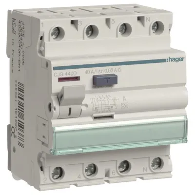 HAGER FI-Schutzschalter CJG440D | Fehlerstromschutzschalter 4-polig 40A 30mA Typ A | 6kA | 400V | DIN-Schiene | IP20