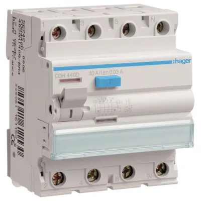 Hager FI-Schutzschalter CDH440D | 4-polig | 40A | 30mA | Typ A | 6kA | 400V | stoßstromfest | DIN-Schiene | IP20