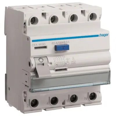Hager FI-Schutzschalter CFA463D | 4-polig | 63A | 300mA | Typ A | 6kA | 400V | Fehlerstromschutzschalter | DIN | IP20