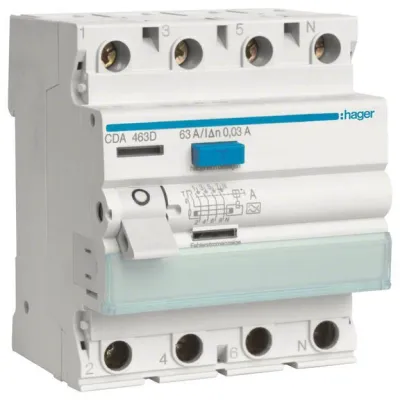 Hager FI-Schutzschalter CDA463D | 4-polig | 63A | 30mA | Typ A | 6kA | 400V | RCD | Hutschiene | IP20