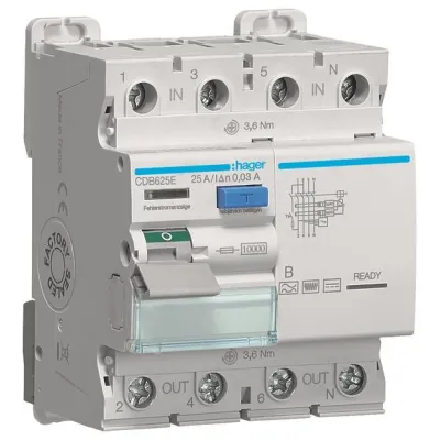 HAGER FI-Schalter CDB625E | Fehlerstromschutzschalter 4-polig Typ B | 25A | 30mA | 10kA | 400V | DIN-Schiene