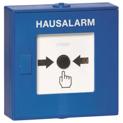 Hager Funk-Druckknopfmelder TG558A | Hausalarm für TG55xA | manuelle Alarmauslösung | Glasbruch | Funkvernetzung | blau