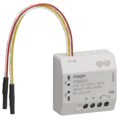 Hager Funk UP Schaltaktor TRM693G | KNX-Funk | 1-fach Schaltausgang | 2-fach Binäreingang | 230V | Unterputz