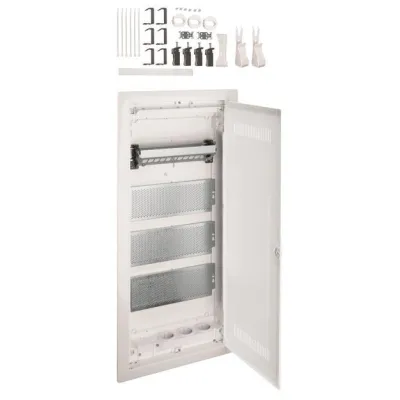 Hager Multimediaverteiler Hohlwand VH48WWH | 4-reihig | 4x12TE | Kunststofftür | Patch Panel | WLAN-optimiert | IP30