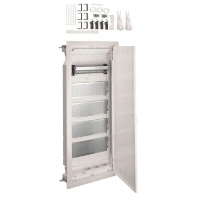 Hager Multimediaverteiler VH60NW | Hohlwand-Kleinverteiler 5-reihig | 5x12TE | PatchPanel | 3-fach Steckdose | IP30