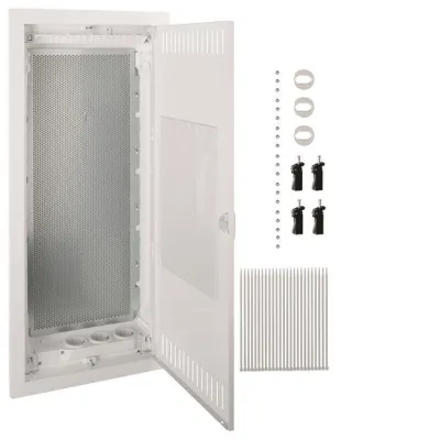 Hager Multimediaverteiler VH48MMV | 4-reihig Hohlwand | mit Tür | Montageplatte | Steckdose | IP30 | weiß