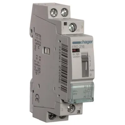 Hager Installationsrelais ERD216 | 2-polig | 16A | 24V AC | 1TE REG | Handschaltung | Kontaktanzeige | IP2X