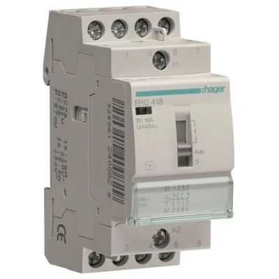 Hager Installationsrelais ERC418 16A | 2 Schließer + 2 Öffner | 230V | DIN EN 61095 | Hand-/Automatik | Kontaktanzeige