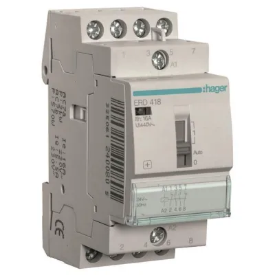 Hager Installationsrelais ERD418 | 16A | 2 Schließer & 2 Öffner | 24V AC | 2TE | Handbetätigung | Kontaktanzeige | IP2X