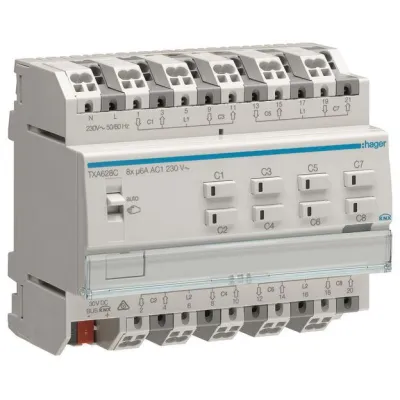 Hager Rollladen-/Jalousieaktor TXA628C | KNX easy | 8-fach | 230V | REG | Handbedienung | LED-Anzeige | IP20