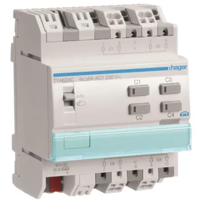 Hager Jalousieaktor TYA624C KNX 4-fach 230V | Rollladensteuerung | REG | 6A | LED-Anzeige | Handbedienung | IP20 | 4TE