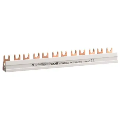 Hager Phasenschiene KDN263A 2-polig Gabel 10mm² 63A 12 Module | 210mm Länge | Kammschiene | grau