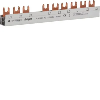 Hager Phasenschiene KDN363J | 3-polig | 10mm² | 63A | Gabelanschluss | 177mm Länge | 10 Module | grau
