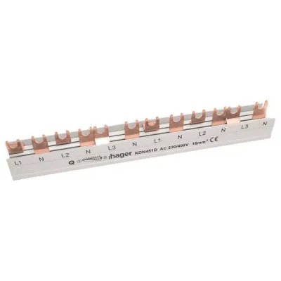 Hager Phasenschiene KDN451D | 3-polig+N Gabelanschluss | 16mm² | 80A | 12 Module | 215mm | grau